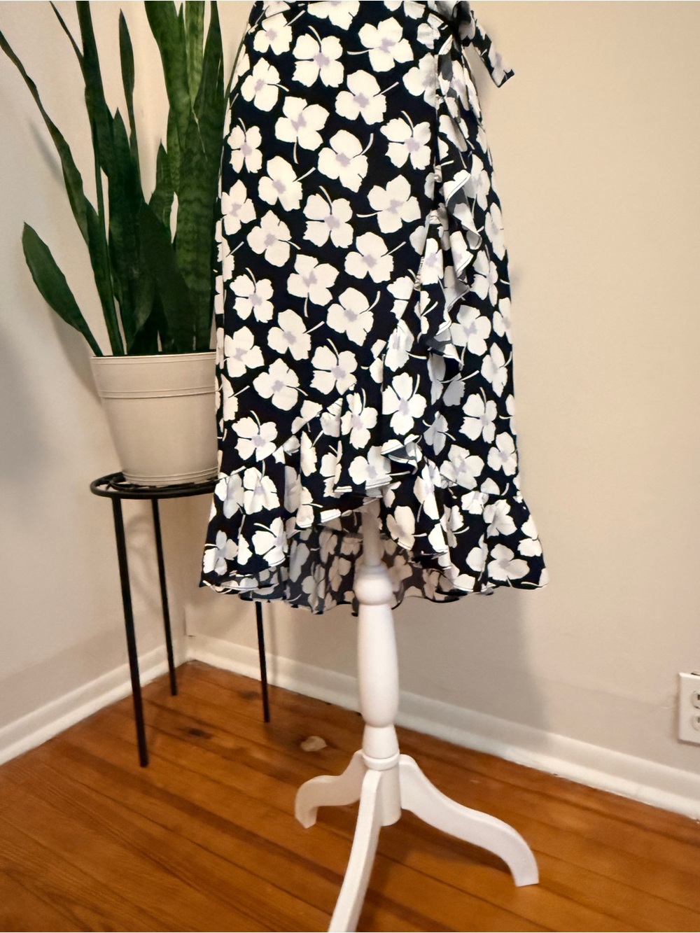 LOFT | Navy Floral Wrap Midi Skirt with Ruffle Hem - Picture 3 of 10
